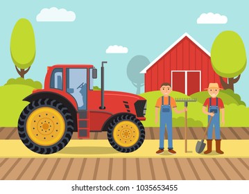Tractor farm.Heavy agricultural vehicles machinery field work harvesting.Cartoon vector flat design.Transport side view.Rural landscape barn,trees.Two man farmers beard,shovel,rake. 