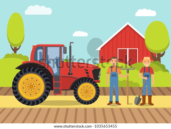 Tractor farm.Heavy agricultural vehicles machinery field\
work harvesting.Cartoon vector flat design.Transport side\
view.Rural landscape barn,trees.Two man farmers beard,shovel,rake.\

