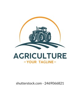 Tractor farming logo vehicle heavy equipment silhouette, farm land, agriculture logo design with creative idea