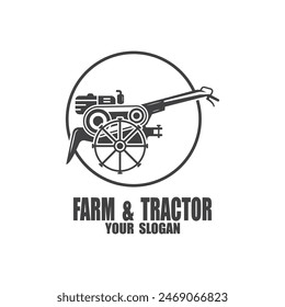 Tractor farming logo vehicle heavy equipment silhouette, farm land, agriculture logo design with creative idea