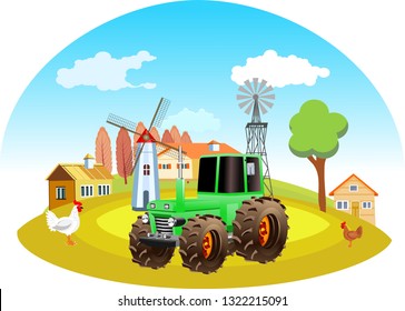 Tractor at farmland. Vector windmill, house or barn and agriculture elements, chickens on cartoon green field background