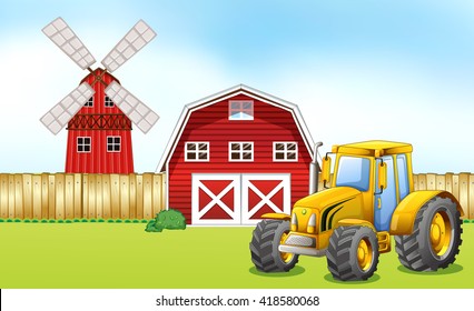 Tractor in the farmyard illustration