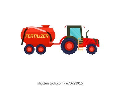 Tractor with fertilizer barrel icon. Rural industrial farm equipment machinery, agricultural vehicle isolated vector illustration in flat design.