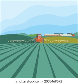 Tractor in the field. Agribusiness concept, agricultural industry. Agroindustry  and farming. Vector template design for infographics, websites and print media of the agro industry.