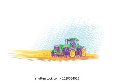 Tractor in field colorful illustration. Vector. 