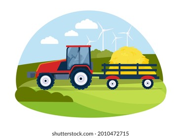 Tractor in the field concept. Industrial equipment collects and transports wheat. Work on the farm. Bright colors landscape. Cartoon modern flat vector illustration isolated on a white background