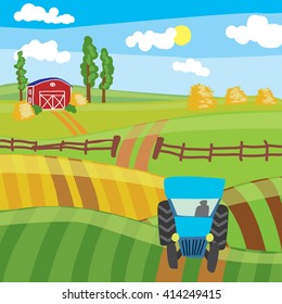 a tractor in the field farm flat landscape. stock vector