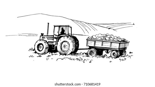 Tractor in the field. Hand drawn illustration converted to vector