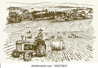 Tractor in field. Hand drawn vector illustration.