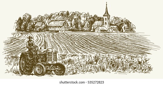 Tractor in field. Hand drawn vector illustration.