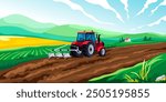 Tractor field landscape. Agricultural work farming tractors rural ranch cartoon background countryside harvest scene, farmer cultivated arable farmland recent vector illustration original artwork