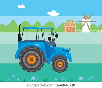 A tractor in a field near the farm as a card for web or poster. A flat vintage vector stock illustration with scandinavian style agricultural machine and mill.