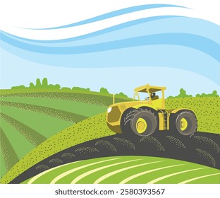 A tractor in a field, with a rural landscape as a backdrop. Life on the farm, the concept of agriculture.
