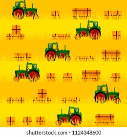 Tractor in the field. Seamless pattern. All elements are located on different groups and can be easily disabled
