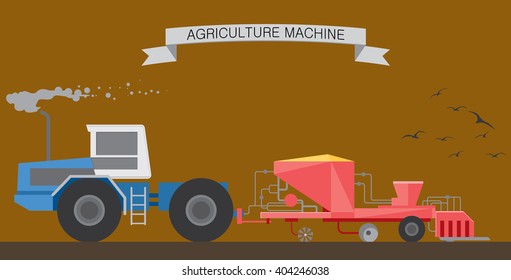 Tractor in the field. Spring sowing campaign. Seeding using advanced technology and equipment. Agriculture Industry. Vector illustration