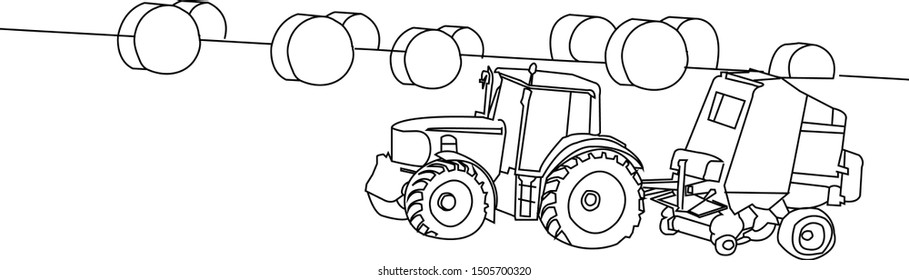 Tractor in fields line art