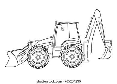
Tractor. Figure tractor. Sketch of a tractor. Bulldozer. Coloring. Drawing for children. Excavator. Coloring book. Special equipment.