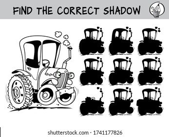 Tractor. Encuentra la sombra correcta. Juego educativo para niños. Ilustración vectorial de dibujos animados en blanco y negro