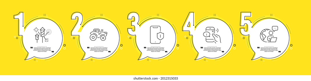 Tractor, Fireworks rocket and Call center line icons set. Timeline process infograph. Smartphone protection sign. Farm transport, Pyrotechnic salute, Phone support. Phone. Business set. Vector