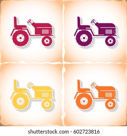 Tractor. Flat sticker with shadow on old paper. Vector illustration