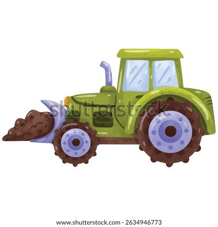 Tractor with front end loaders, green tractor vector illustration, hand drawn watercolor painting style, tractor clip art, clip art tractor, isolated on white background