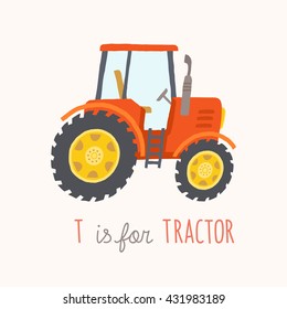 Tractor. Funny duckling character. Cartoon ducky standing and smiling. Farm animal. Baby book / picture book / flash card. Vector hand drawn eps 10 clip art illustration isolated on white background.