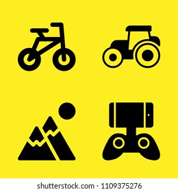tractor, game controller, mountain and bicycle vector icon set. Sample icons set for web and graphic design