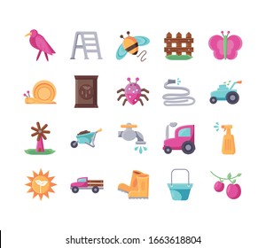 tractor and gardening icon set over white background, flat detail style, vector illustration