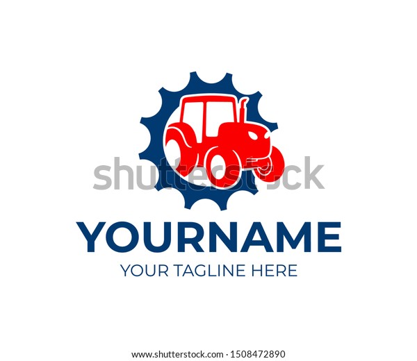 Tractor in gear, machinery dealer, logo\
design. Agricultural machinery, transport and engineering, vector\
design and\
illustration