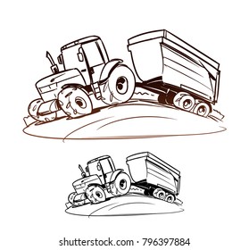 Tractor with a grain cart in the field. Cartoon illustration