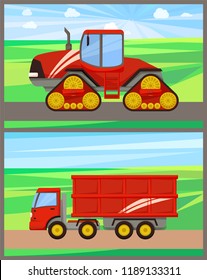Tractor and grain truck set vector. Field works of agricultural machinery and automation devices. Agrimotor with cabin and van transportation harvest
