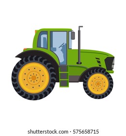 The tractor of green color a vector in flat style isolated on a white background.Heavy agricultural machinery for field work.Agricultural machinery and farm machine for work on a farm.