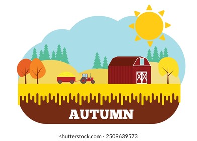 Tractor with Harvest at the Farm in Autumn Flat Design. Agriculture and farming concept vector art