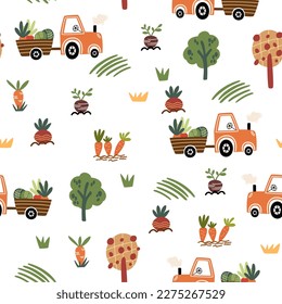 Tractor con patrón de cosecha sin costura. Fondo de la granja. Dibujante infantil, máquina, heno para envolver papel, tela, papel pintado, decoración casera. Ilustración vectorial plana