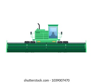 Tractor, harvester for grain harvesting. Combine, tractor. Agro-industrial complex, machinery for harvesting, farm agricultural machinery. Comercial transport, plowing equipment. Vector illustration.