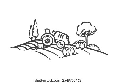 Tractor hay baler working on field with round haystacks line icon. Outline hand drawn landscape with tractor and bales. Village, machine mascot, agriculture works scene icon vector illustration