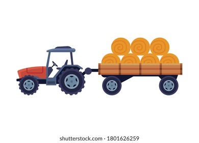 Tractor with Hay Bales in Cart Agricultural Machinery Cartoon Vector Illustration on White Background