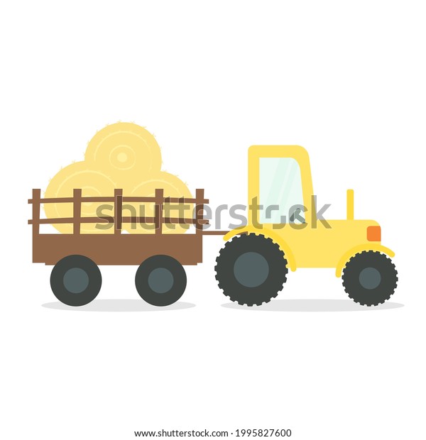 Tractor with hay cart isolated on white\
background. Vector\
illustration.