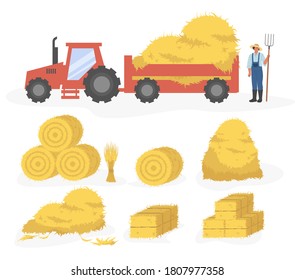 Tractor with hay cartoon illustration. Vector set of hay icons set isolated on white background. Straw, haystack and hayloft