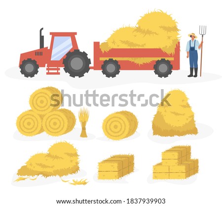 Tractor with hay cartoon illustration. Vector set of hay icons set isolated on white background. Straw, haystack and hayloft.