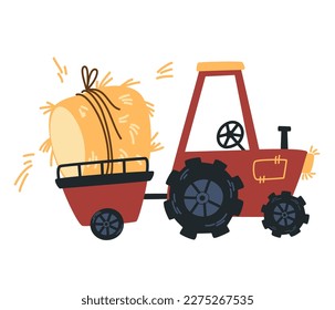 Tractor with hay. Farm and agriculture. Flat dried haystack in wagon and suck, hayloft. Perfect for printing, posters, children's postcards and websites. Cartoon vector illustration.