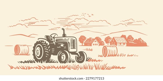 Tractor con heno. Paisaje rural