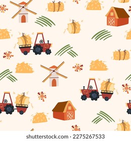 Tractor con patrón de heno sin costuras. Fondo con tractores lindos, casa de campo, árbol y pajar. Textura infantil creativa para tela, envoltura, textil, papel pintado, vestimenta. Ilustración de dibujos animados