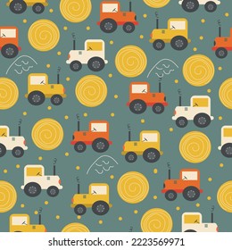 Tractor and haystack vector seamless pattern. Cute farm pattern for kids on yellow background. Cartoon childish tractor, machine, hay for wrapping paper, fabric, textile, wallpaper, home decor