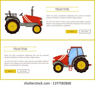 Tractor husbandry machine poster set with text sample. Machinery used in agriculture for transporting and plowing. Mechanization of farming vector