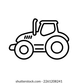 Icono del tractor. Maquinaria agrícola. Silueta lineal de contorno negro. Vista lateral. trazos editables. Ilustración gráfica plana vectorial simple. Objeto aislado sobre un fondo blanco. Aislar.