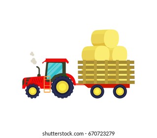 Tractor icon. Farm wheeled tractor with cart transporting dry haystack isolated on white background. Hay harvesting vector illustration
