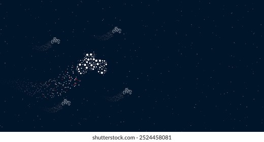A tractor icon filled with dots flies through the stars leaving a trail behind. Four small symbols around. Empty space for text on the right. Vector illustration on dark blue background with stars