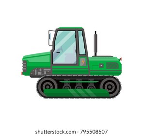 Tractor icon. Green tractor on caterpillar base icon vector illustration. Heavy agricultural machinery for field work isolated on white background
