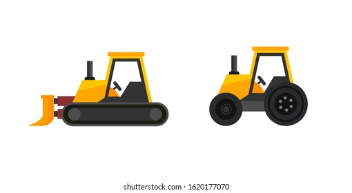 Tractor icon isolated on white, Set of Vector yellow farm and industrial Trucks.